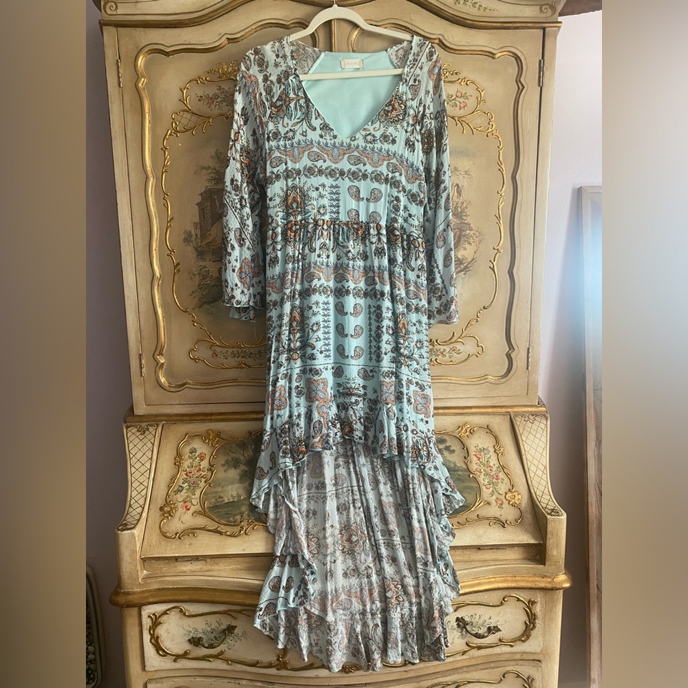 Altar'd State Flowy High Low Dress in Blue and Tan Bell Sleeves